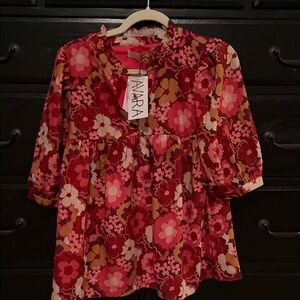 NARA Floral Peasant Tunic - Pink & Red with Gold Accents